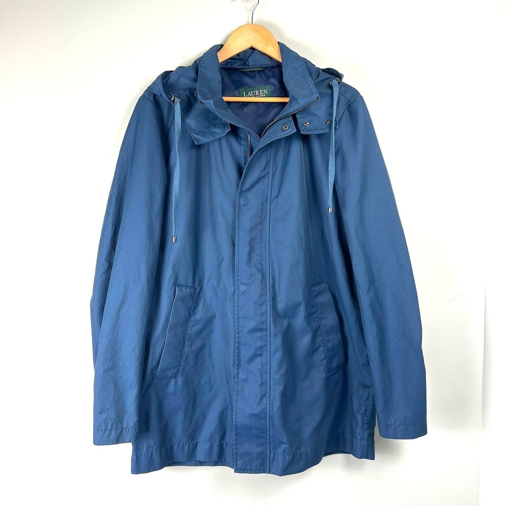 Lauren Ralph Lauren Men Blue Hooded Rain Jacket Trench Coat Sz 42L Long Heritage